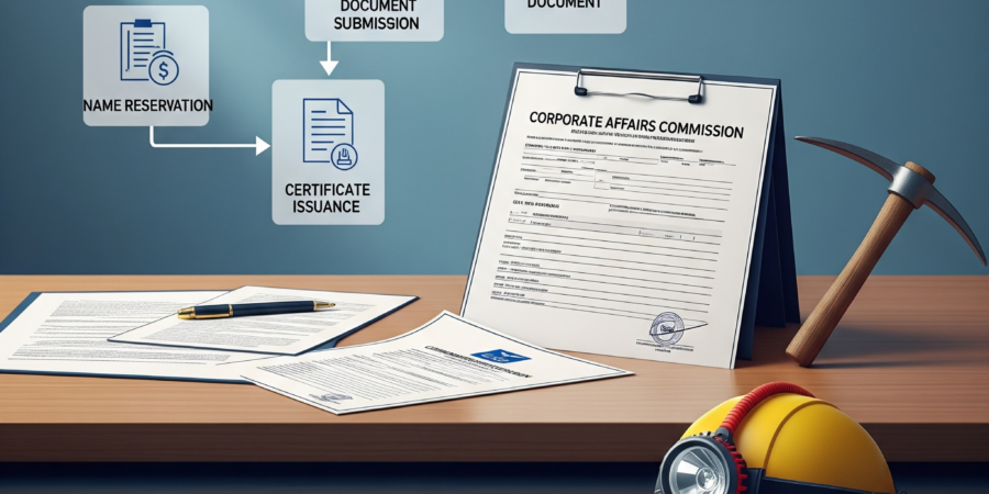 Your essential guide to legal setup. This infographic details the key documents required for CAC registration for a mining company in Nigeria. An infographic on CAC company registration for mining in Nigeria, showing document submission, forms, and a miner's helmet, symbolizing legal setup.