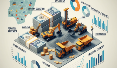 Visualizing the investment: A detailed breakdown of the costs involved in starting a mining company in Nigeria, from equipment to permits. An infographic detailing the cost breakdown of starting a mining company in Nigeria, with elements like heavy machinery, Nigerian Naira stacks, and various charts.