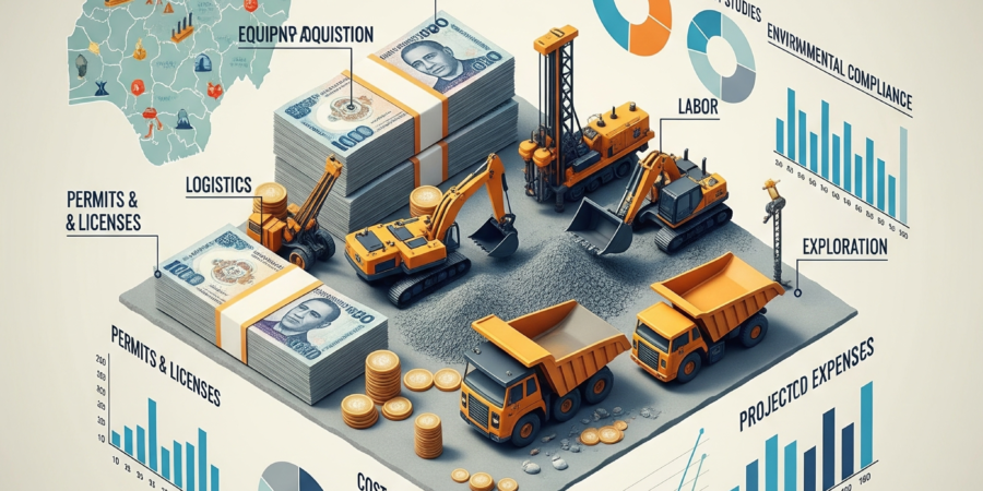 An infographic detailing the cost breakdown of starting a mining company in Nigeria, with elements like heavy machinery, Nigerian Naira stacks, and various charts.