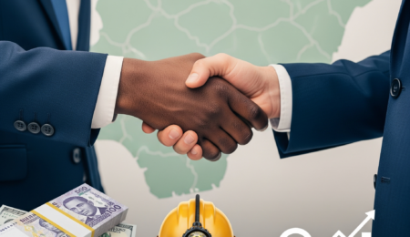 A partnership handshake between a black man and a white man, with banknotes, a miner's helmet, and a gold bar, symbolizing a secure mining investment deal.