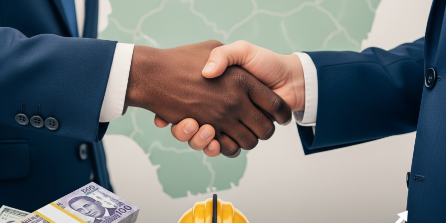 A partnership handshake between a black man and a white man, with banknotes, a miner's helmet, and a gold bar, symbolizing a secure mining investment deal.