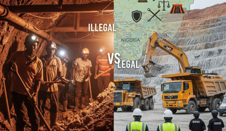 The stark contrast: Illegal mining with its inherent dangers versus legal, secure, and regulated operations in Nigeria's solid minerals sector. A split image showing the stark contrast between illegal and legal mining in Nigeria. The left shows informal miners in dangerous conditions. The right shows a modern, open-pit mine with security personnel and a map with legal symbols, illustrating the formal framework.