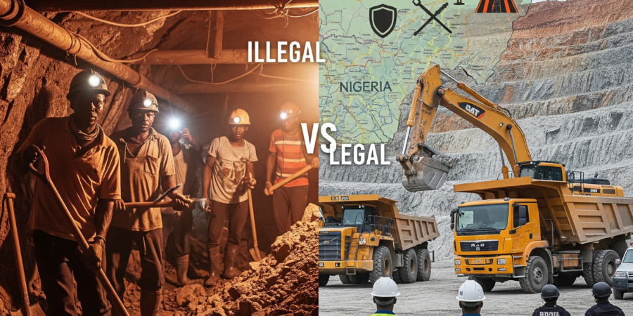 The stark contrast: Illegal mining with its inherent dangers versus legal, secure, and regulated operations in Nigeria's solid minerals sector. A split image showing the stark contrast between illegal and legal mining in Nigeria. The left shows informal miners in dangerous conditions. The right shows a modern, open-pit mine with security personnel and a map with legal symbols, illustrating the formal framework.