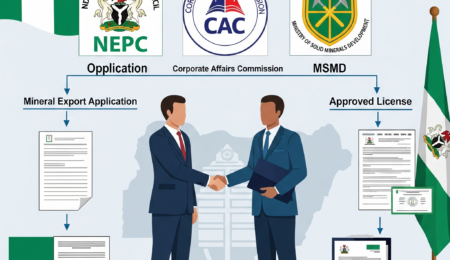 An infographic of the legal process to get a mineral export license in Nigeria, showing the roles of the MSMD, NEPC, and CAC.