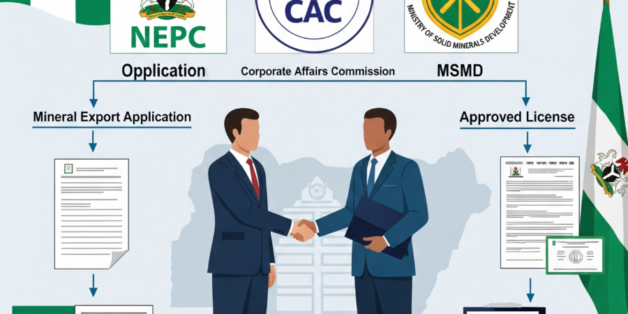 An infographic of the legal process to get a mineral export license in Nigeria, showing the roles of the MSMD, NEPC, and CAC.