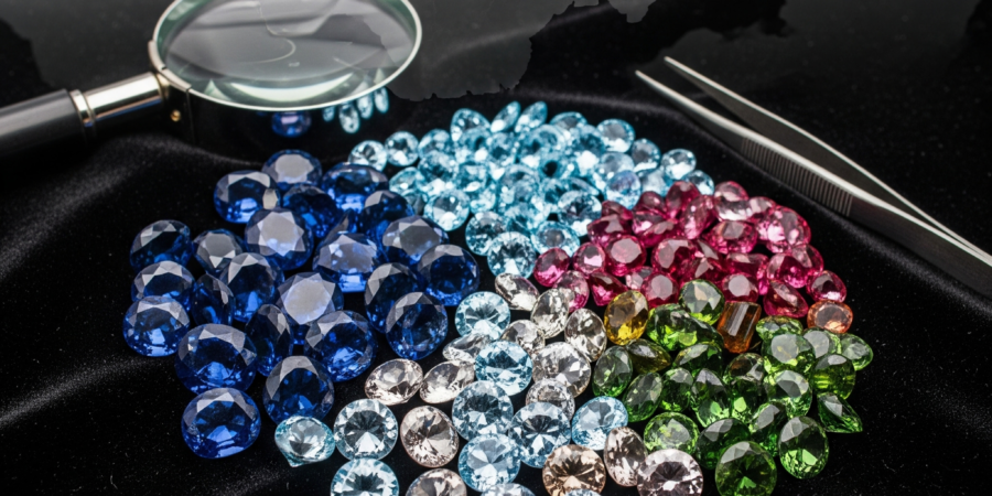 A collection of colorful Nigerian gemstones, including sapphires, tourmalines, and aquamarines, on a dark velvet surface, with a magnifying glass, tweezers, and a faint map of Nigeria in the background, symbolizing the booming gemstone business.