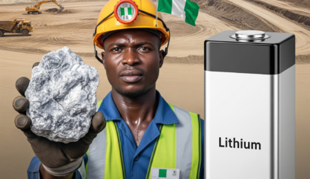 From raw ore to global power. A Nigerian miner showcases a lithium rock, representing the nation's immense potential in the lithium mining and export sector. A Nigerian miner holding a raw lithium ore, with a large lithium battery and an open-pit mine with a Nigerian flag in the background, symbolizing the country's lithium potential.