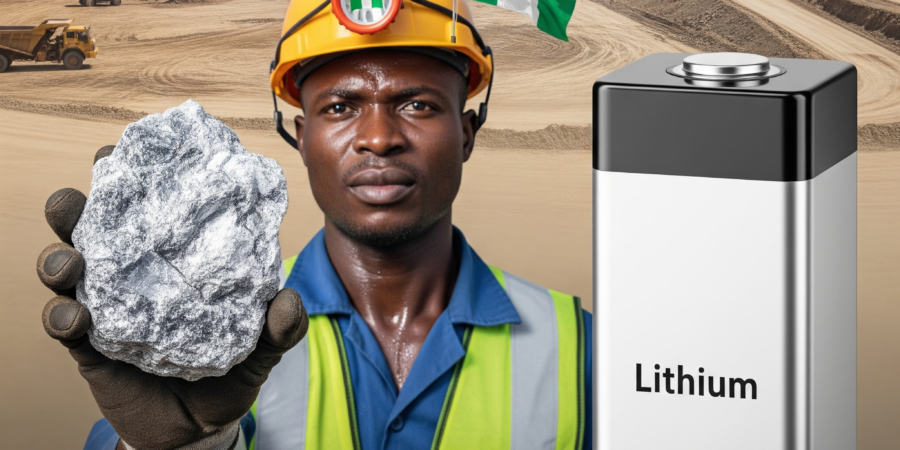 From raw ore to global power. A Nigerian miner showcases a lithium rock, representing the nation's immense potential in the lithium mining and export sector. A Nigerian miner holding a raw lithium ore, with a large lithium battery and an open-pit mine with a Nigerian flag in the background, symbolizing the country's lithium potential.