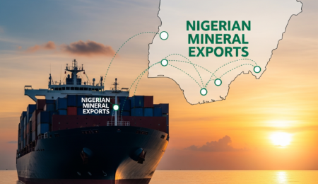 A large cargo ship at sea during sunset, with an overlaid map of Nigeria showing export routes, symbolizing mineral export logistics.