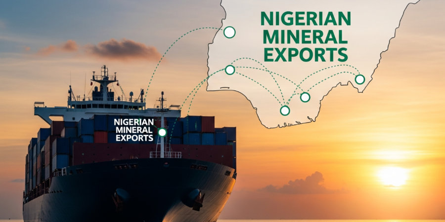 A large cargo ship at sea during sunset, with an overlaid map of Nigeria showing export routes, symbolizing mineral export logistics.