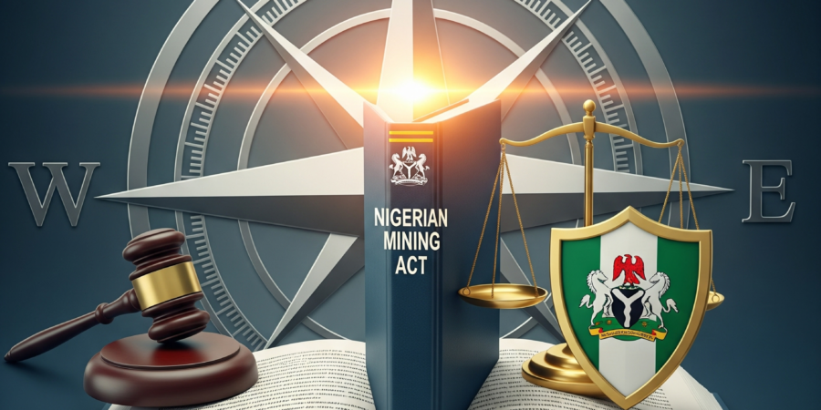 Navigating the legal landscape of Nigeria's mining sector. The Nigerian Mining Act is your compass for compliance and successful operations. A legal book titled "Nigerian Mining Act" open on a larger book, flanked by a gavel, a scale of justice, and Nigeria's coat of arms, with a compass in the background, symbolizing legal guidance in mining.