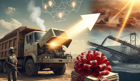 A complex collage illustrating mining challenges in Nigeria, including security with an armed guard, infrastructure failure with a broken-down truck, bureaucracy with tied documents, and an arrow pointing to a successful mining operation at sunset, representing overcoming obstacles.