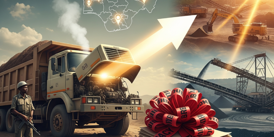 A complex collage illustrating mining challenges in Nigeria, including security with an armed guard, infrastructure failure with a broken-down truck, bureaucracy with tied documents, and an arrow pointing to a successful mining operation at sunset, representing overcoming obstacles.