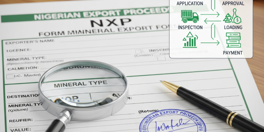 A close-up of the Nigerian NXP Form with a magnifying glass, showing a workflow chart for mineral export procedures, symbolizing a flawless process.