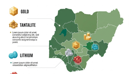 An infographic map of Nigeria highlighting the locations of profitable minerals like gold, tantalite, lithium, and limestone for investments.