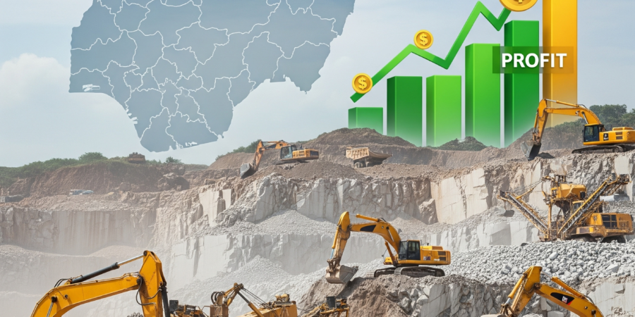 The bedrock of Nigeria's growth. A bustling quarry operation symbolizes the immense profitability and booming demand for aggregates, driven by infrastructure and construction. Heavy machinery operating in a Nigerian quarry, with a map of Nigeria and an overlaid profit growth chart, symbolizing the booming quarry business and high profitability.