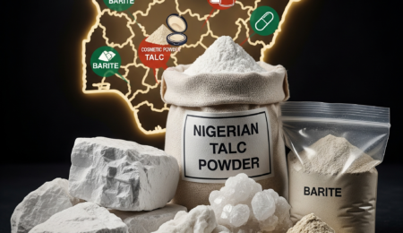 Raw talc and barite, with a bag of Nigerian Talc Powder and a bag of Barite, on a dark surface, with a glowing map of Nigeria showing mineral locations and uses.