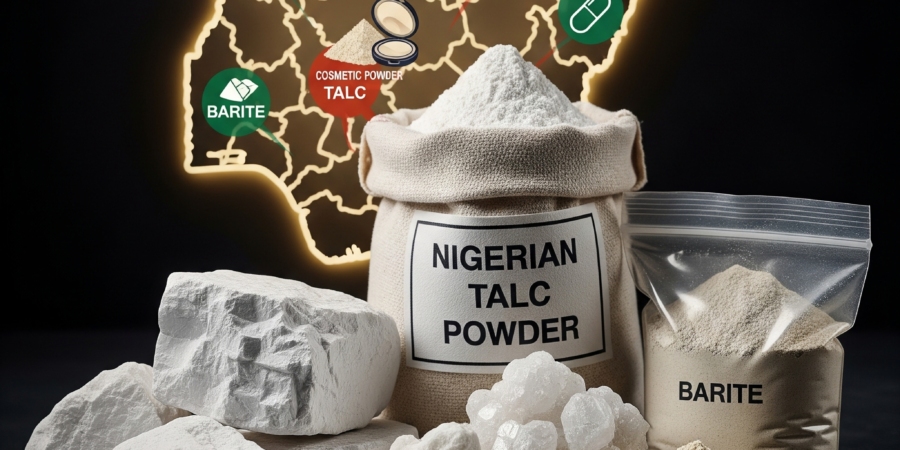 Talc and Barite: Nigeria's profitable industrial minerals. Discover the vast potential for export in these essential sectors. Raw talc and barite, with a bag of Nigerian Talc Powder and a bag of Barite, on a dark surface, with a glowing map of Nigeria showing mineral locations and uses.