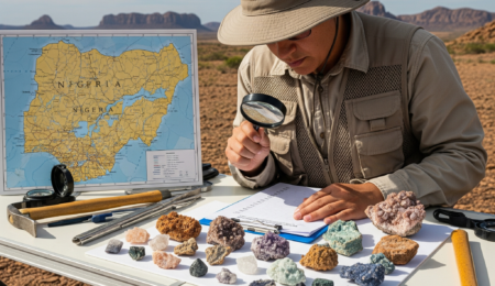 A geologist in a desert setting examining various mineral samples with a magnifying glass, with a map of Nigeria and geological tools on a table.