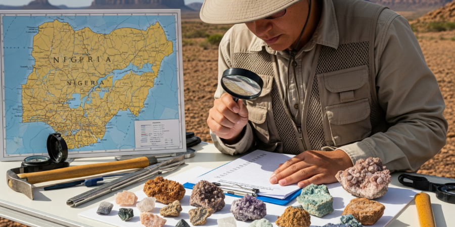 A geologist in a desert setting examining various mineral samples with a magnifying glass, with a map of Nigeria and geological tools on a table.