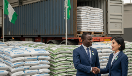 Two diverse business partners shaking hands in a large Nigerian mineral export warehouse, with bags of minerals, a shipping container, and a Nigerian flag in the background, signifying global reach.