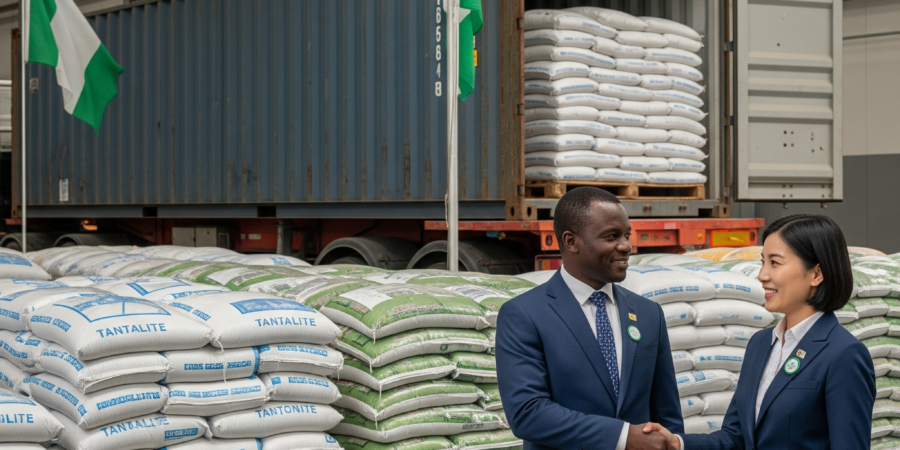 Two diverse business partners shaking hands in a large Nigerian mineral export warehouse, with bags of minerals, a shipping container, and a Nigerian flag in the background, signifying global reach.