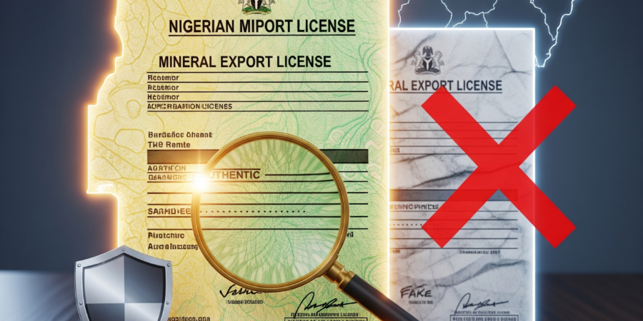 An authentic glowing Nigerian Mineral Export License being examined by a magnifying glass, next to a rejected fake license with a red 'X', against a map of Nigeria, symbolizing verification and anti-scam efforts.