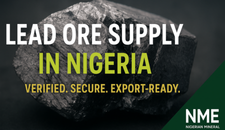 High-grade Nigerian lead ore with text overlay promoting secure and verified supply services