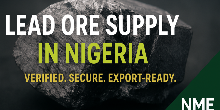 High-grade Nigerian lead ore with text overlay promoting secure and verified supply services