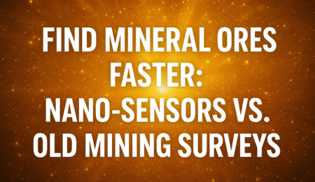 Advanced nano-sensors are revolutionizing mineral exploration, outpacing traditional mining survey methods. Glowing golden background with bold white text reading “Find Mineral Ores Faster: Nano-Sensors vs. Old Mining Surveys.”