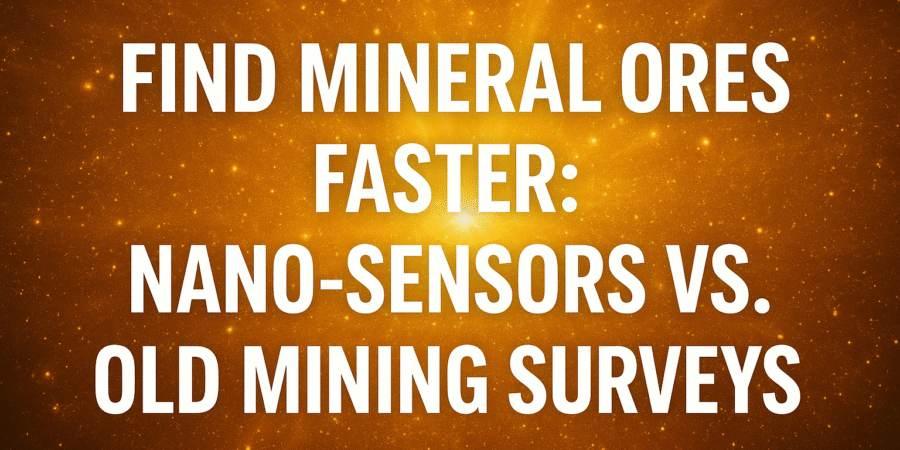 Advanced nano-sensors are revolutionizing mineral exploration, outpacing traditional mining survey methods. Glowing golden background with bold white text reading “Find Mineral Ores Faster: Nano-Sensors vs. Old Mining Surveys.”