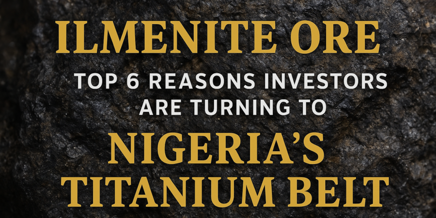 Close-up image of dark Nigerian ilmenite ore with bold golden and white text highlighting the reasons investors are turning to Nigeria’s titanium belt.