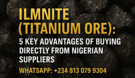Nigerian Ilmenite (Titanium Ore) – Discover the key advantages of sourcing directly from verified Nigerian suppliers. High-quality close-up image of Nigerian ilmenite ore with bold golden overlay text promoting direct sourcing advantages from Nigerian suppliers.