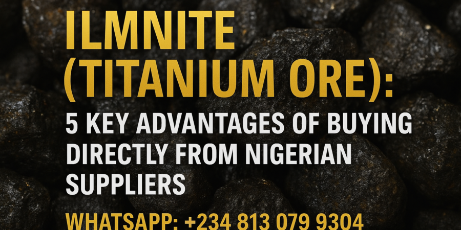 High-quality close-up image of Nigerian ilmenite ore with bold golden overlay text promoting direct sourcing advantages from Nigerian suppliers.