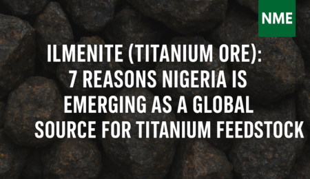 Close-up of Nigerian ilmenite ore rocks with overlaid title text highlighting Nigeria as an emerging global source for titanium feedstock.