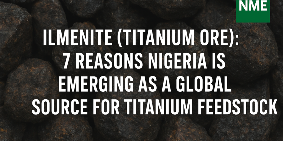 Close-up of Nigerian ilmenite ore rocks with overlaid title text highlighting Nigeria as an emerging global source for titanium feedstock.