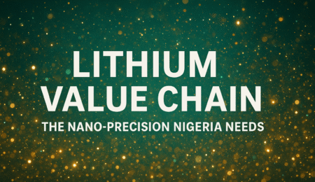 Lithium Value Chain — Highlighting the nano-precision and industrial innovation Nigeria needs to unlock full lithium potential. Glowing green and gold abstract background with bold white text reading “Lithium Value Chain: The Nano-Precision Nigeria Needs.”