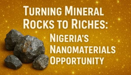 From mineral rocks to high-value nanomaterials — unlocking Nigeria’s next frontier in wealth creation. Shiny mineral rocks placed on a golden sparkling background with the text “Turning Mineral Rocks to Riches: Nigeria’s Nanomaterials Opportunity.”