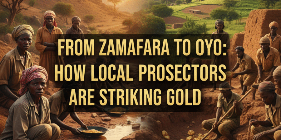 Nigerian artisanal gold miners prospecting in Zamfara and Oyo regions, representing local gold rush stories and modern detector use
