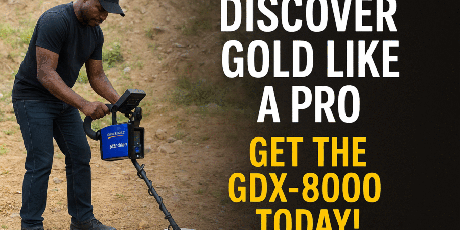 Nigerian miner using the GDX-8000 gold detector for professional gold prospecting in rugged terrain, showcasing cutting-edge detection accuracy.