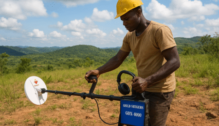 A Nigerian miner using the GDX-8000 gold detector in a rural field with hills in the background.