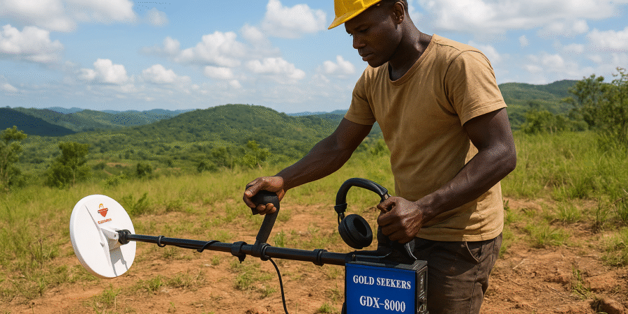 A Nigerian miner using the GDX-8000 gold detector in a rural field with hills in the background.