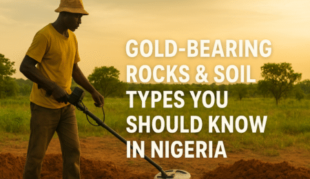 A Nigerian prospector using a GDX-8000 gold detector in the field at sunset with the text “Gold-Bearing Rocks & Soil Types You Should Know in Nigeria”