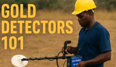 A Nigerian miner using a GDX-8000 gold detector in the field with overlay text “Gold Detectors 101.”