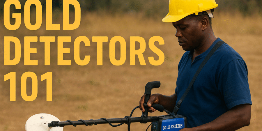 A Nigerian miner using a GDX-8000 gold detector in the field with overlay text “Gold Detectors 101.”