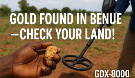 A Nigerian landowner holds a gold nugget while using the GDX-8000 detector in Benue State after reports confirmed new gold discoveries.