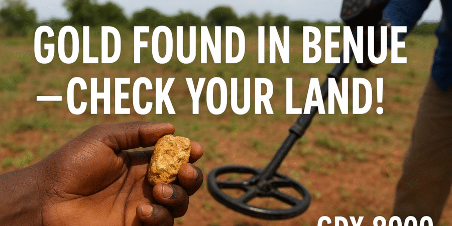 A Nigerian landowner holds a gold nugget while using the GDX-8000 detector in Benue State after reports confirmed new gold discoveries.