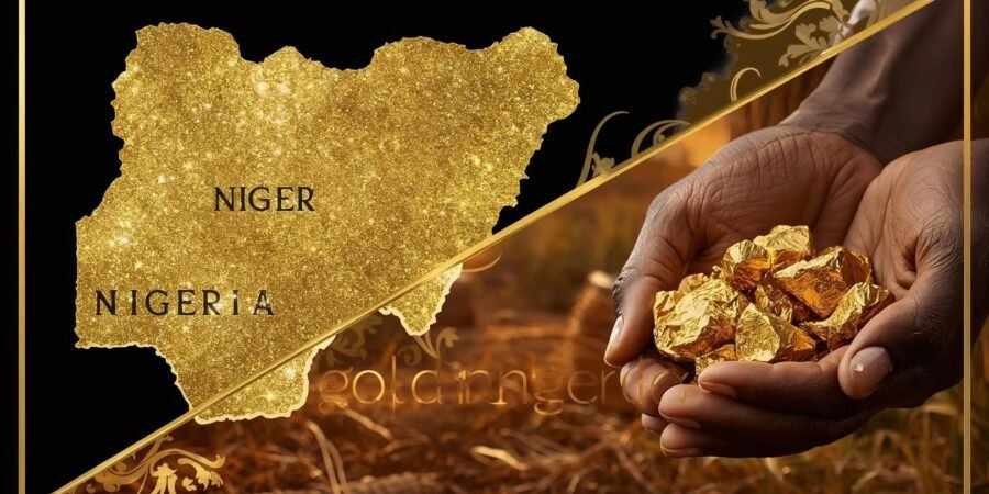 Raw gold nuggets held in hands with a map of Nigeria highlighting Niger and Osun states.