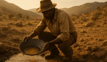 Miner examining soil in Zamfara’s rocky terrain, illustrating gold exploration in one of Nigeria’s top gold-bearing regions.
