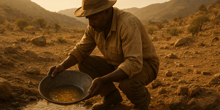 Miner examining soil in Zamfara’s rocky terrain, illustrating gold exploration in one of Nigeria’s top gold-bearing regions.